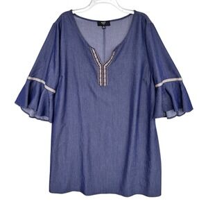 Naif Dress Womens 3X Chambray Blue Embroidered V Neck Bell Sleeve Boho Plus